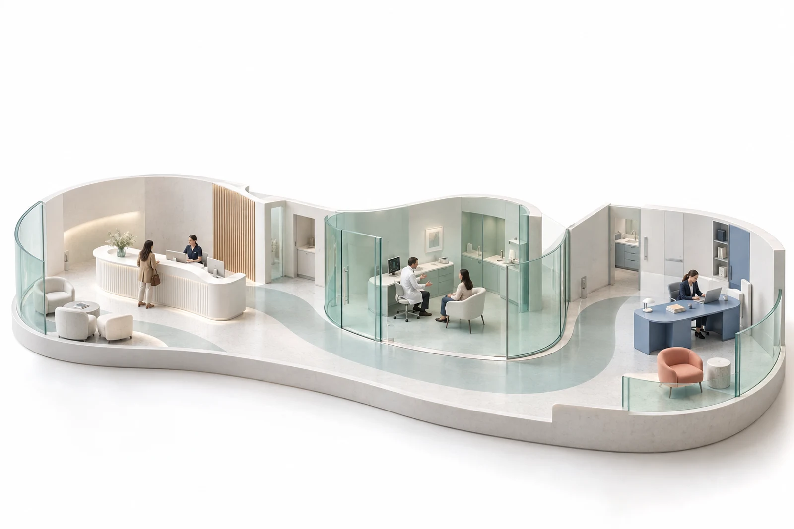 Connected clinic illustration with a patient at reception, a doctor consulting with a patient, and a manager at her desk